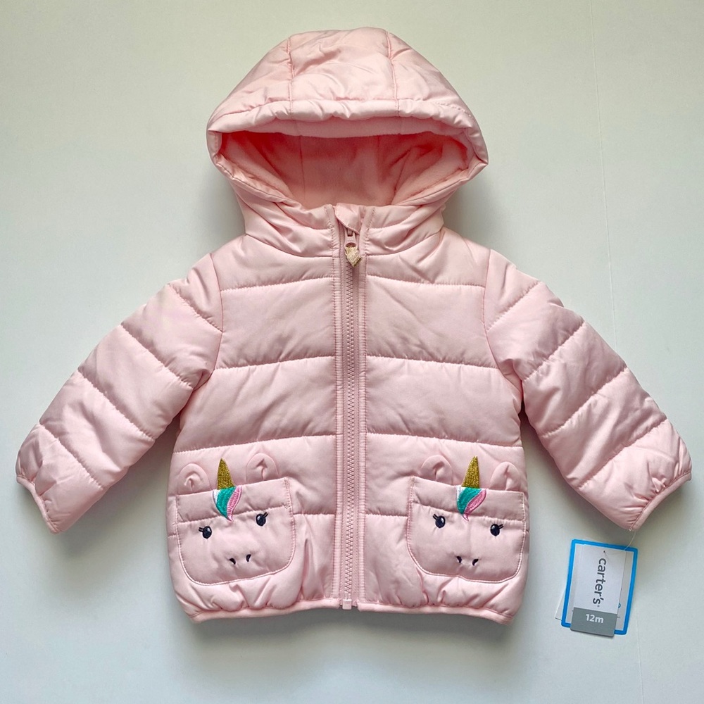 NWT Carters Light Pink Unicorn Pockets Puffer Coat